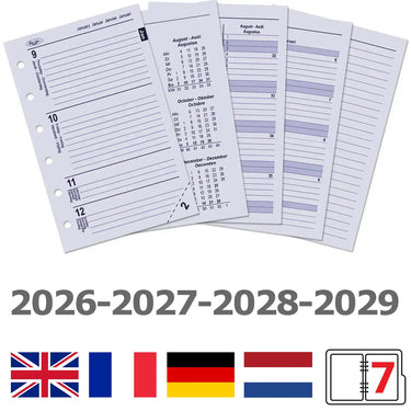 6236-26-27-28-29 125 x 80 mm Pocket 6 Ring Linder Inserts Weekly en de Fr 2026 2027 2028 2029